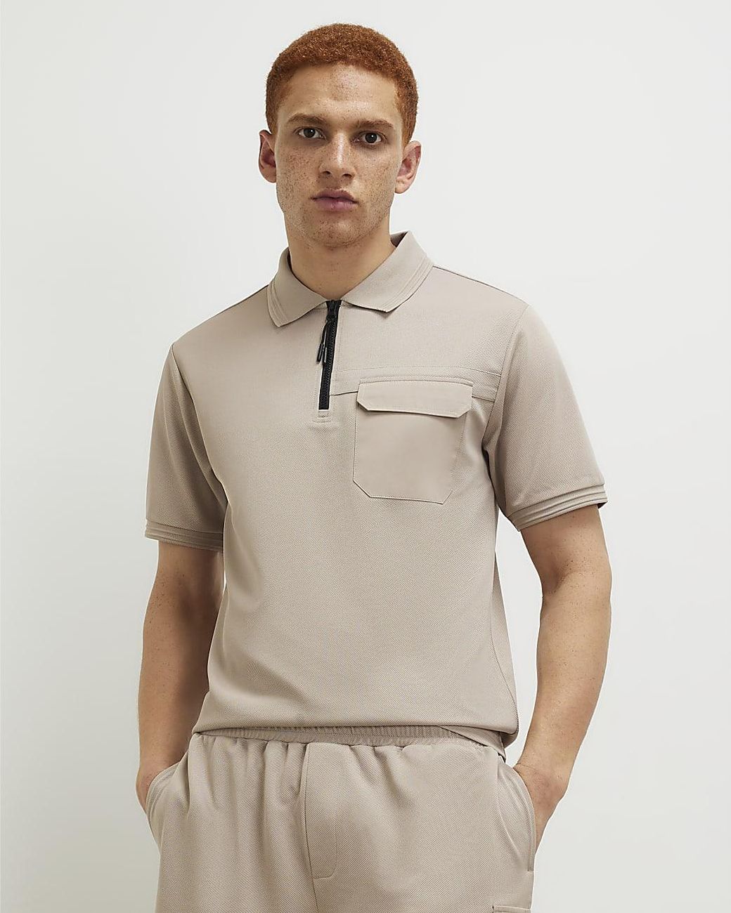 River Island Natural Polo Shirt Cream Slim Fit Nylon Pocket Collared for men