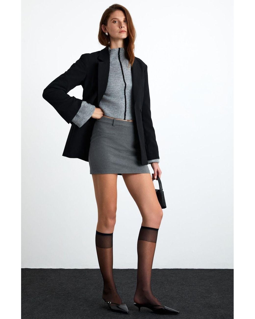 Grimelange Gray Crop Ribbed Half Turtleneck Sweater