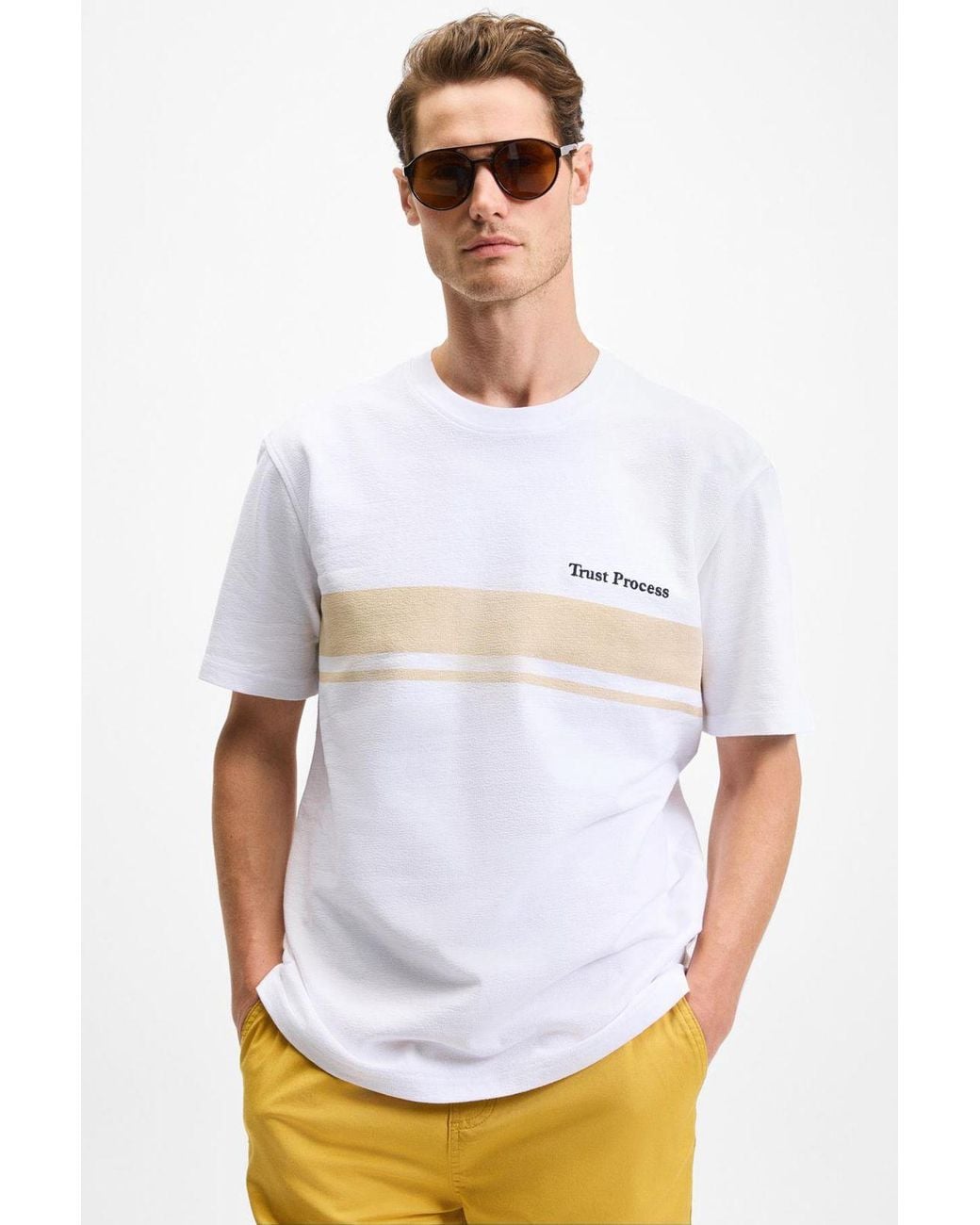 Grimelange White Striped Crew Neck T-Shirt for men