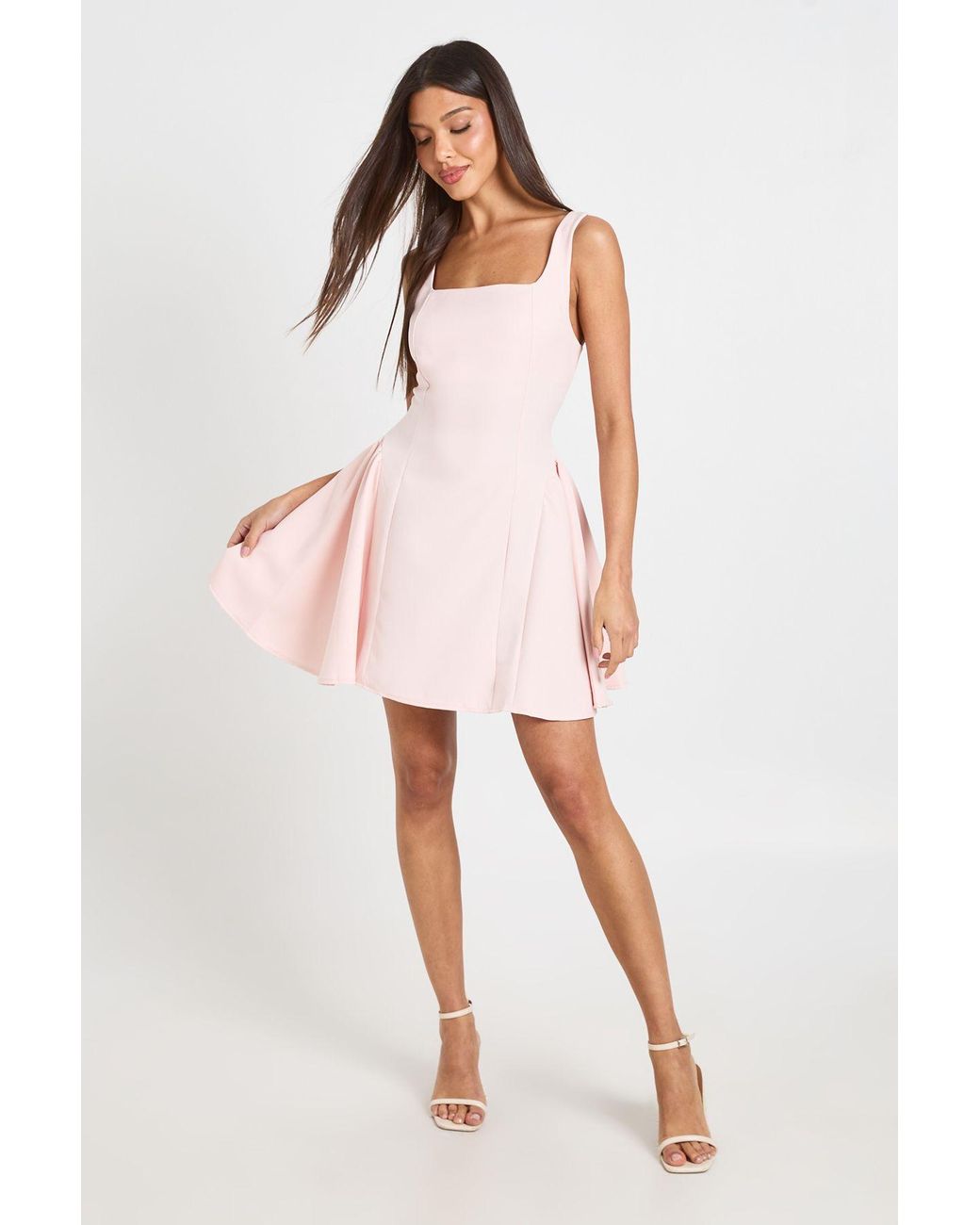 Boohoo Pink Square Neck Full Skirt Mini Dress