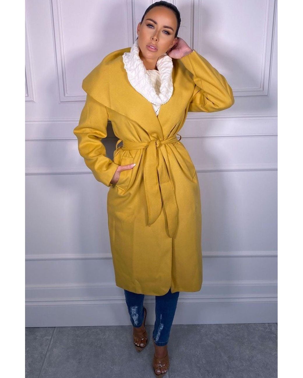 Femme Luxe Blue Waterfall Duster Belted Long Coat