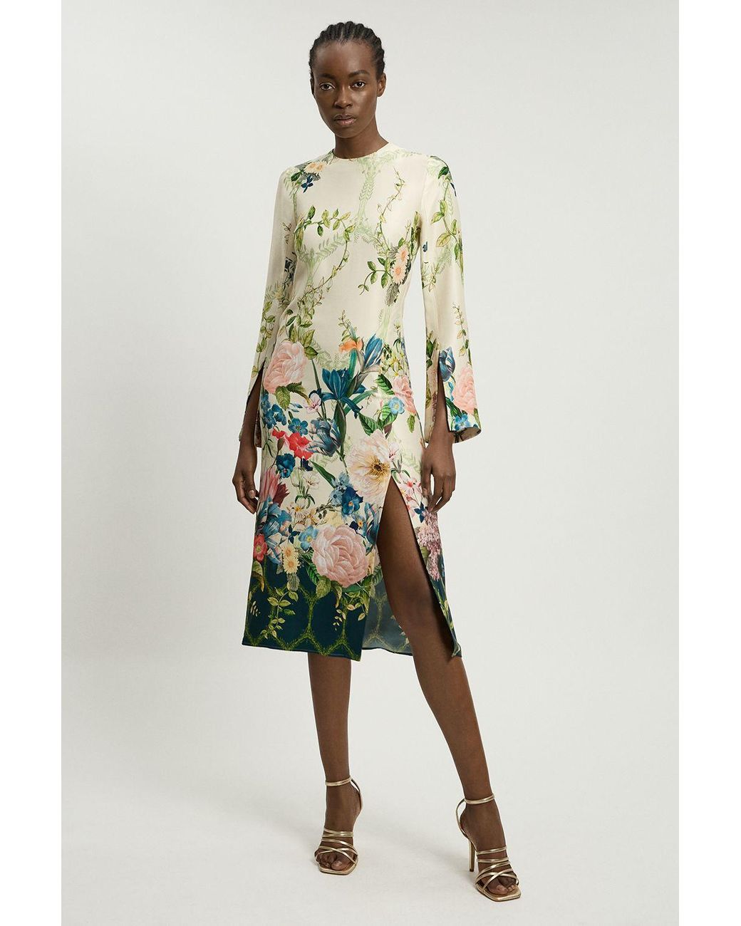 Karen Millen Multicolor Floral Print Viscose Satin Crepe Woven Midi Dress