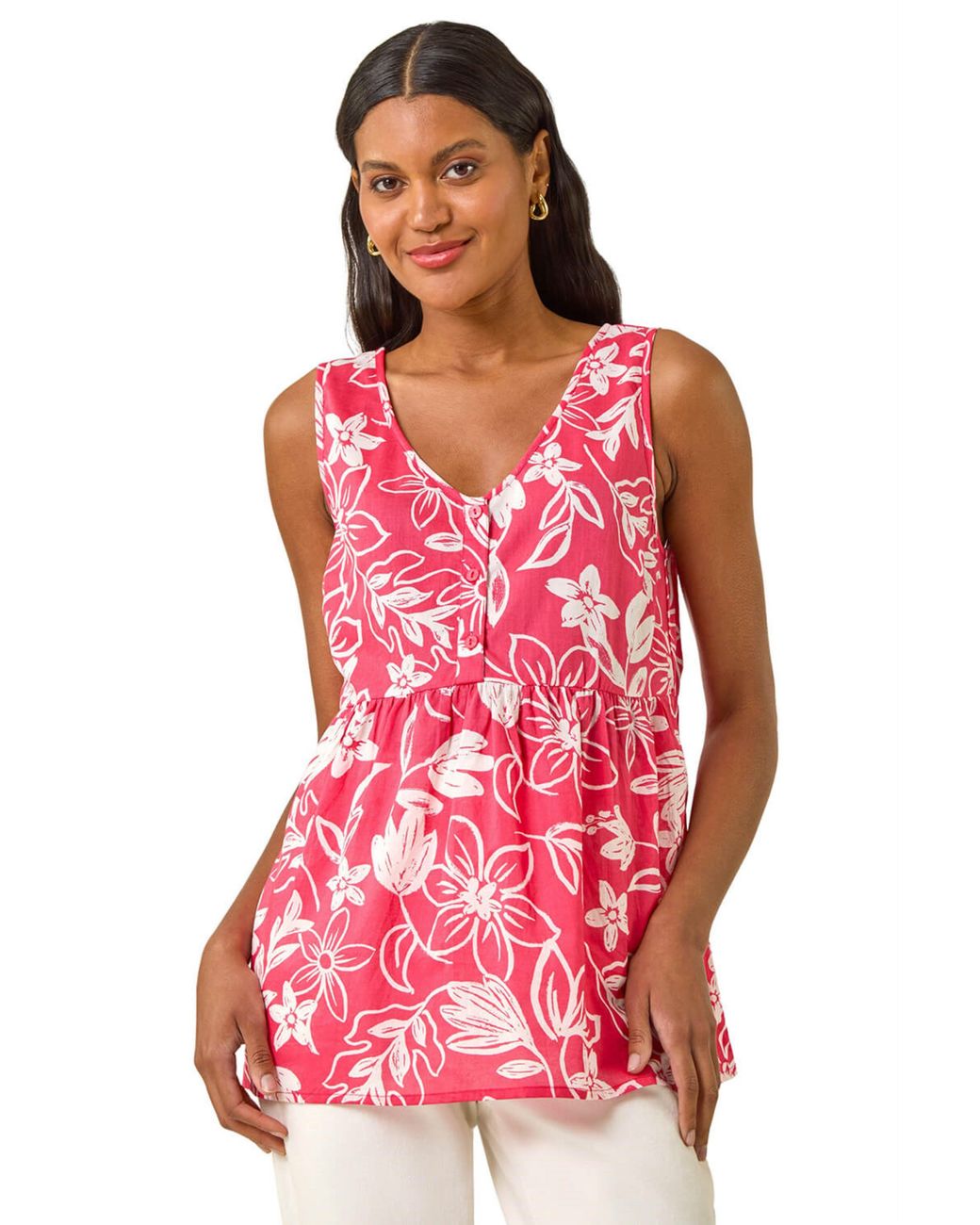 Roman Red Floral V-Neck Buttoned Top