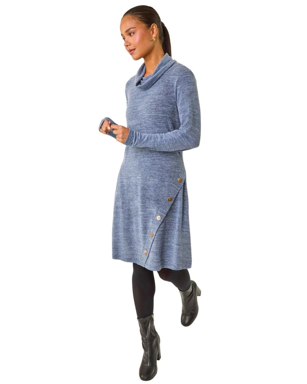 Roman Blue Petite Soft Marl Buttoned Cowl Neck Dress