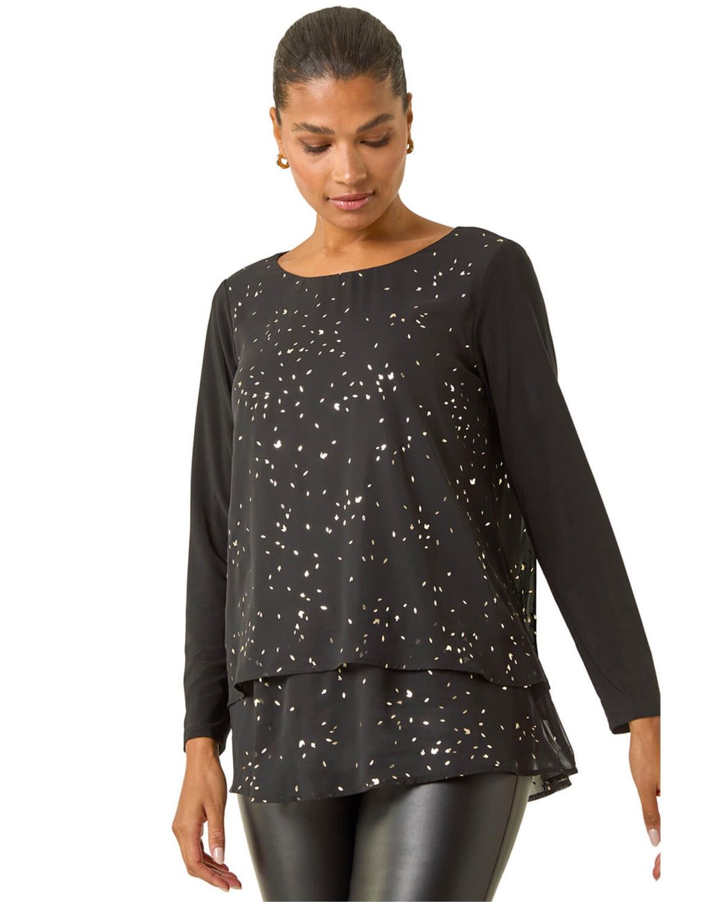 Roman Black Foil Print Chiffon Overlay Tunic Top