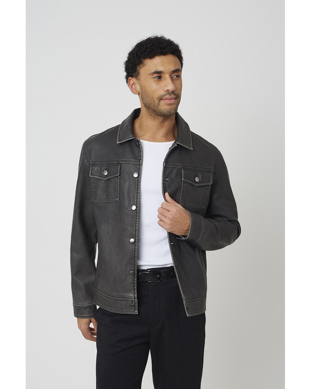 Brave Soul Gray Faux Leather Button Through Shacket for men