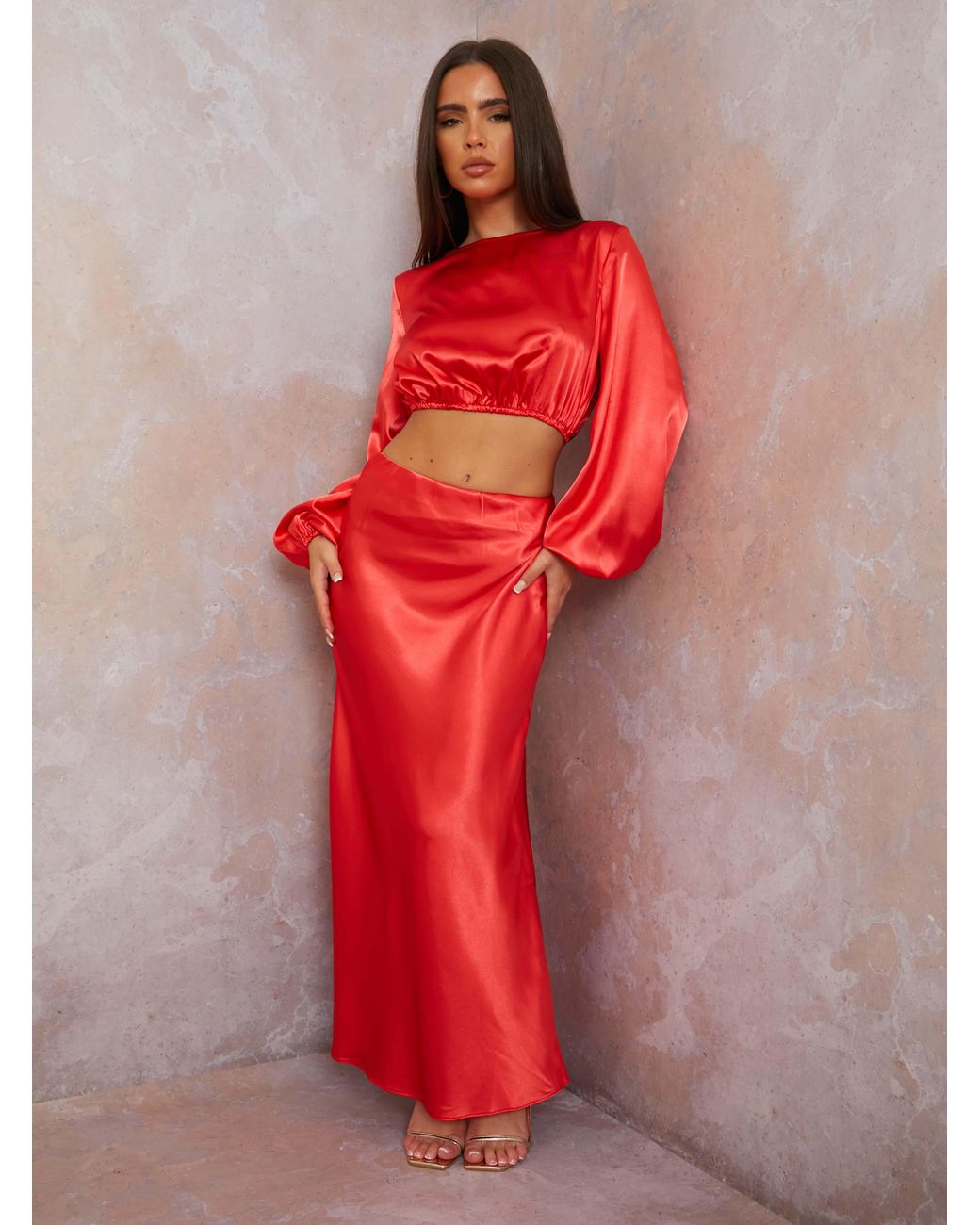 Chi Chi London Red Satin Midi Slip Skirt