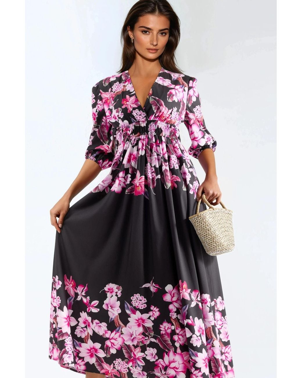 Msn-Collection Red Floral V-Neck Maxi Dress