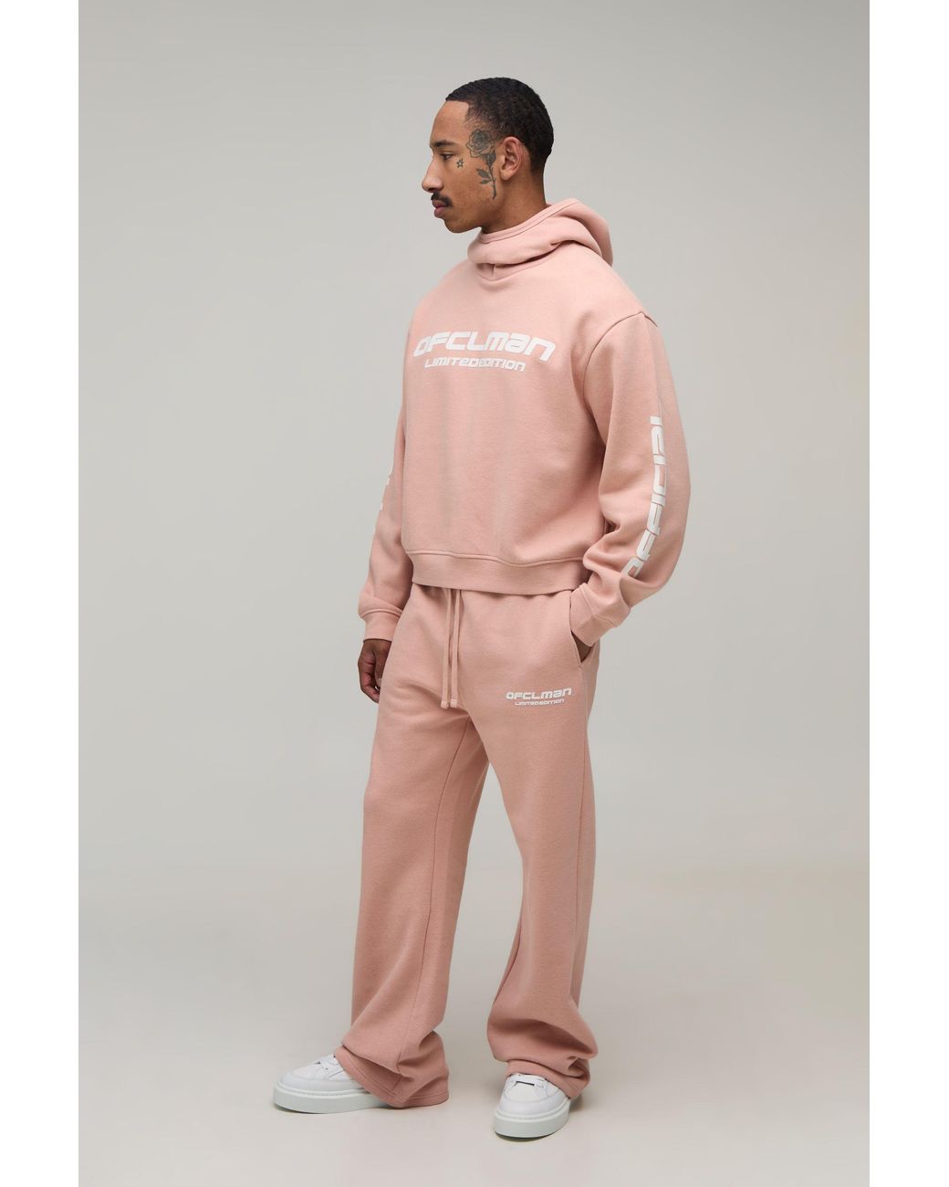 BoohooMAN Pink Oversized Boxy Funnel Plush High Build Print Hoodie & Flare Jogger for men
