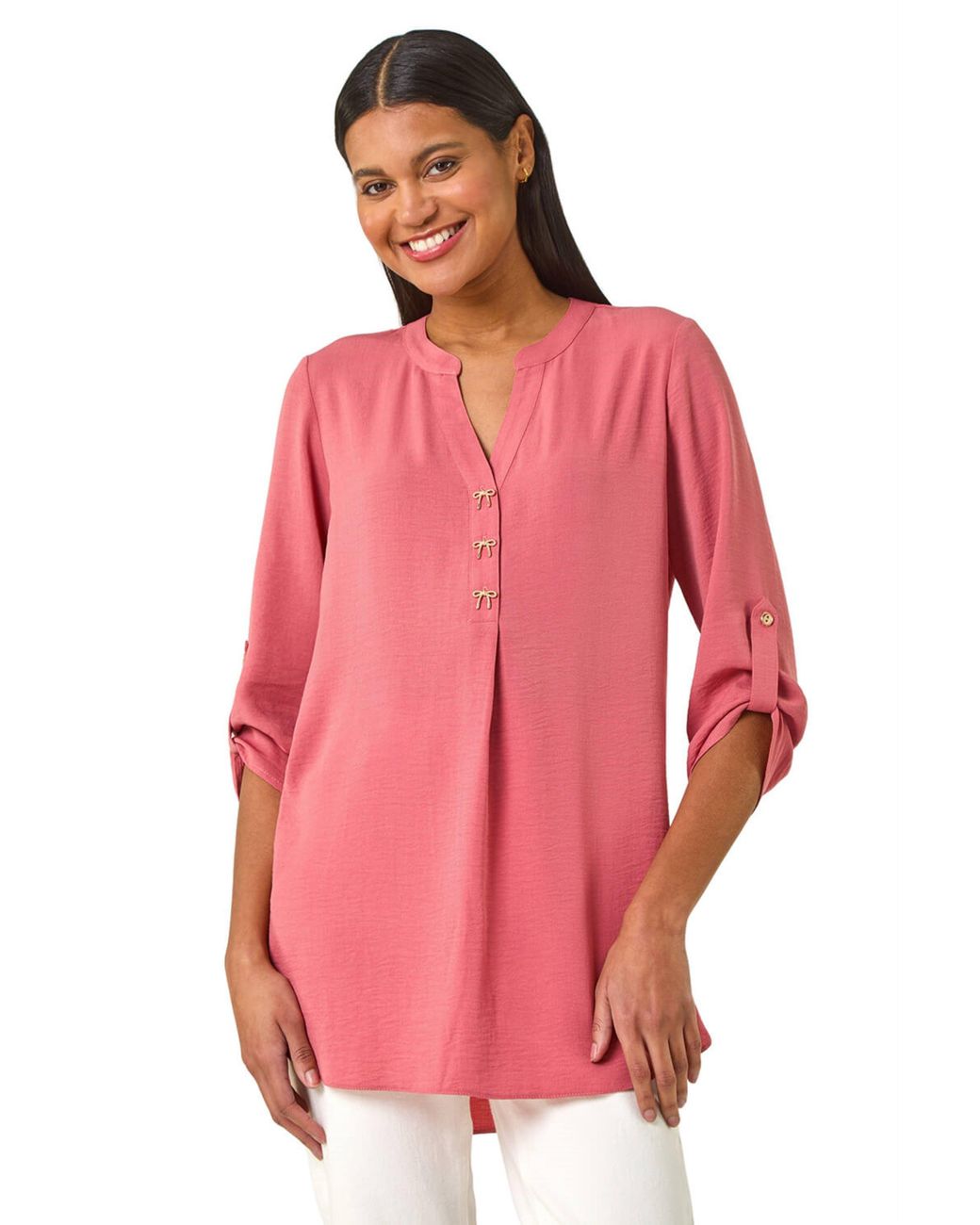 Roman Pink Longline Bow Button Top