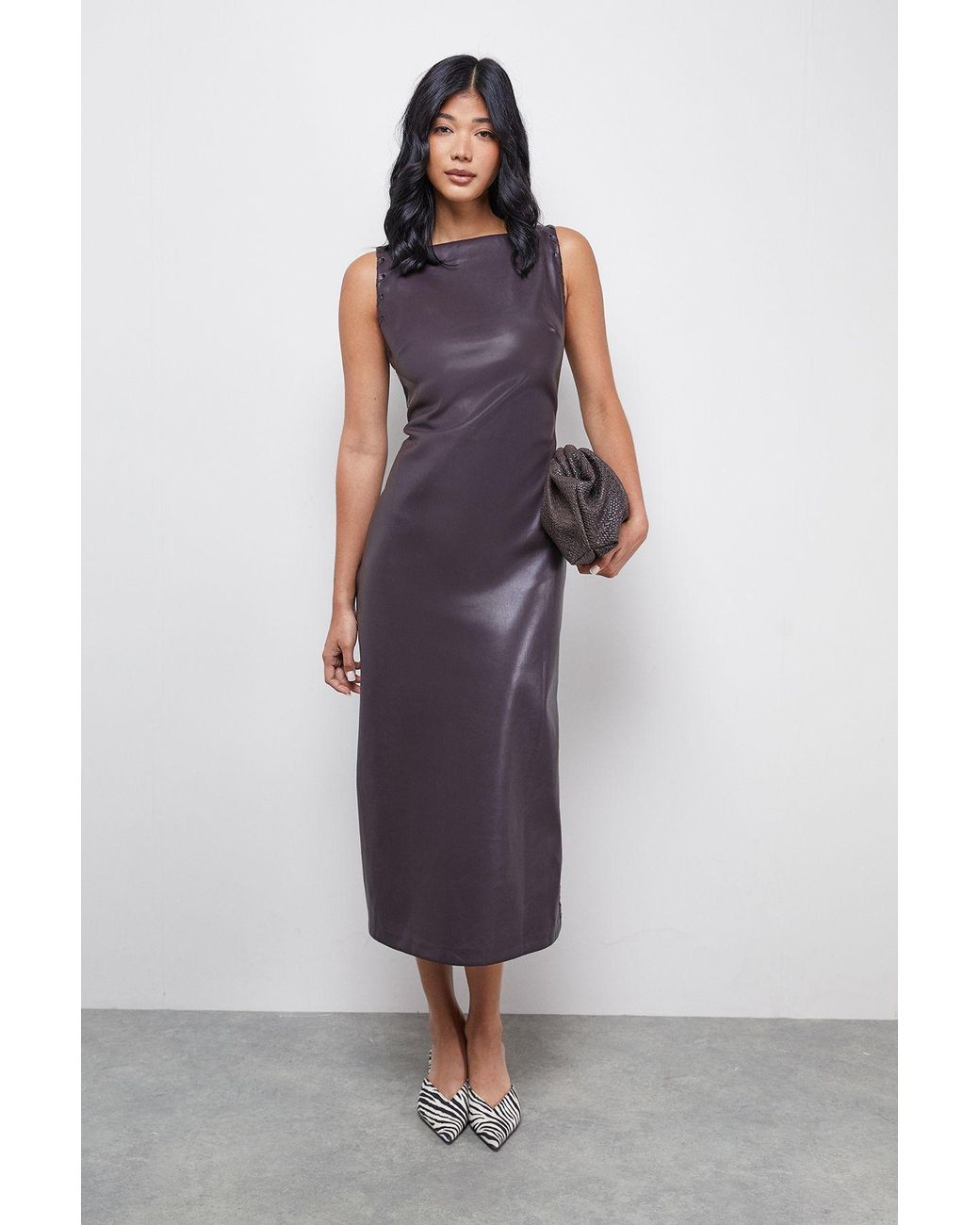 Oasis Purple Faux Leather Whipstitch Detail Sleeveless Midi Dress