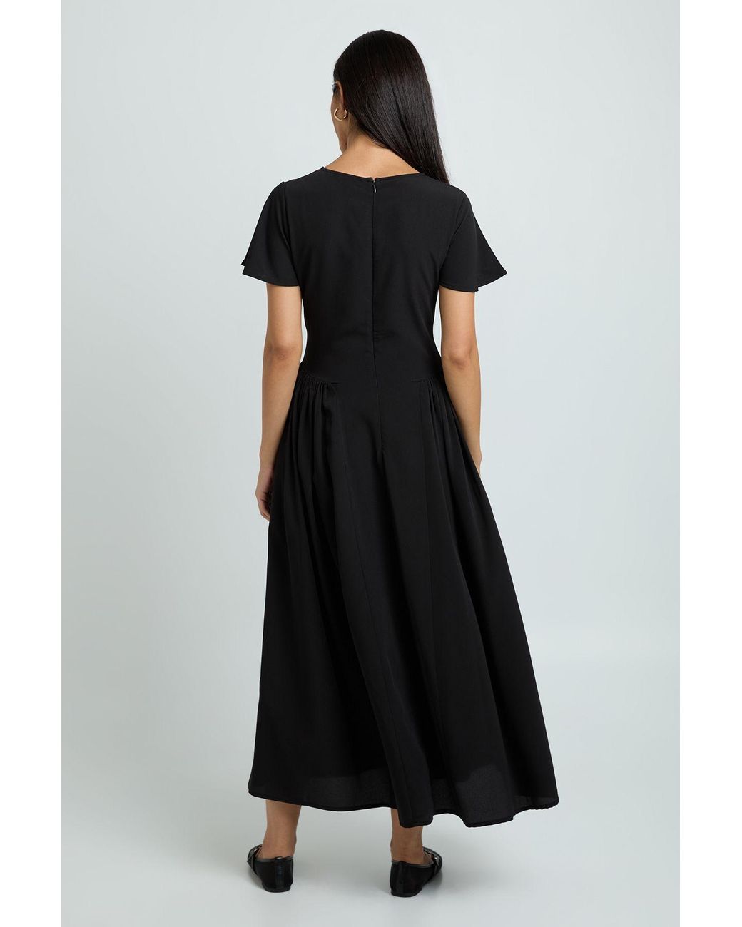 Boohoo Black Textured Flared Sleeve Volume Skirt Midaxi Dress