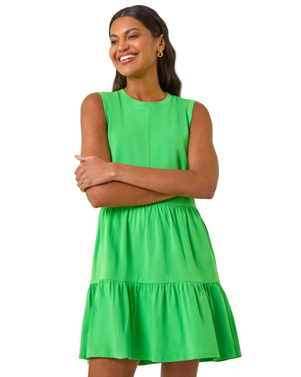 Roman Green Cotton Tiered Stretch Dress