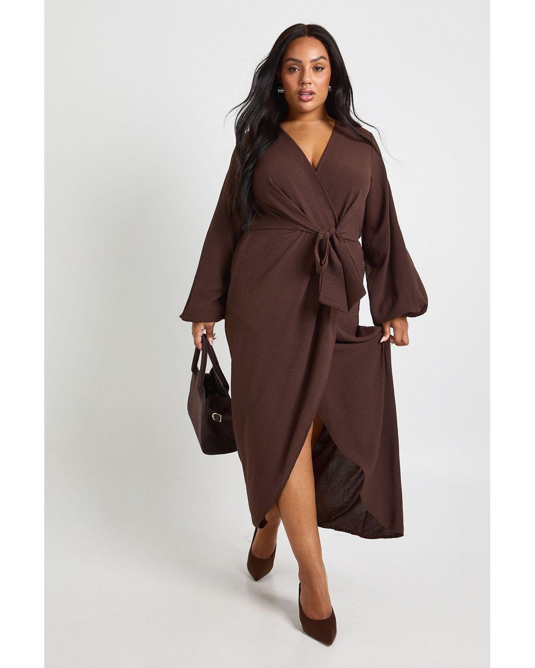 Boohoo Brown Plus Textured Tie Detail Maxi Dress