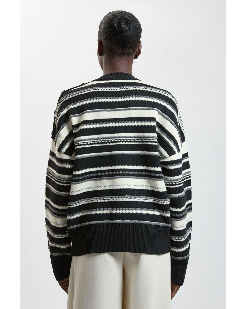Karen Millen Gray Cotton Stripe Military Button Knitted Jumper