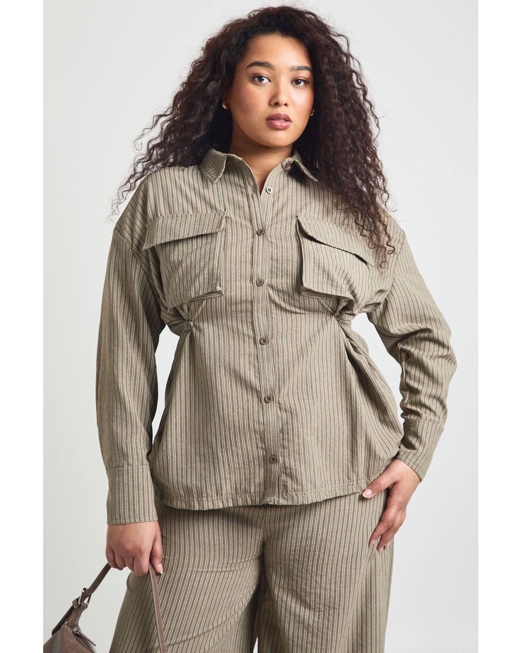 Boohoo Brown Plus Adjustable Cinch Waist Stripe Shirt