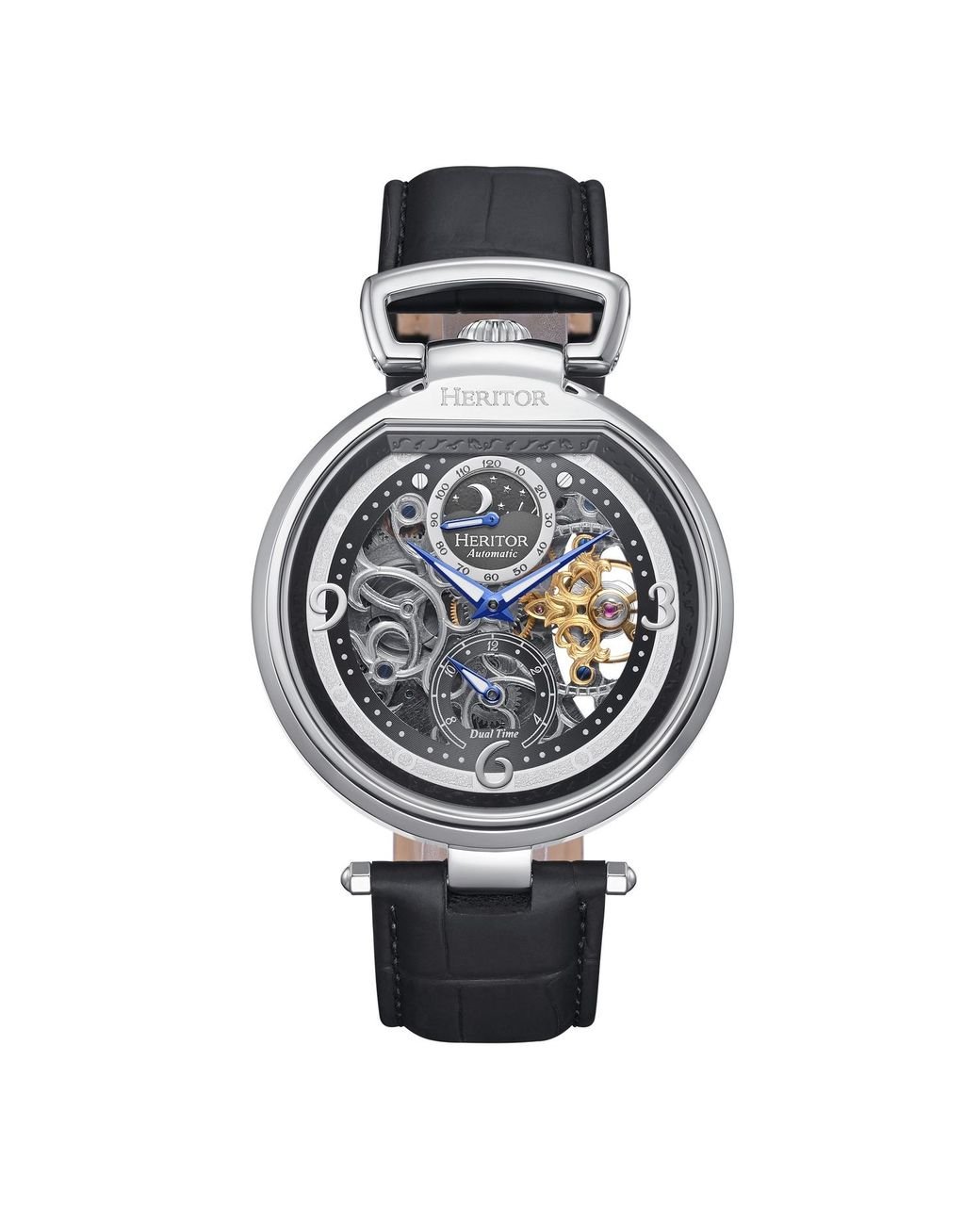 Heritor Lincoln Leather-Band Skeleton Watch With Moon Phase in