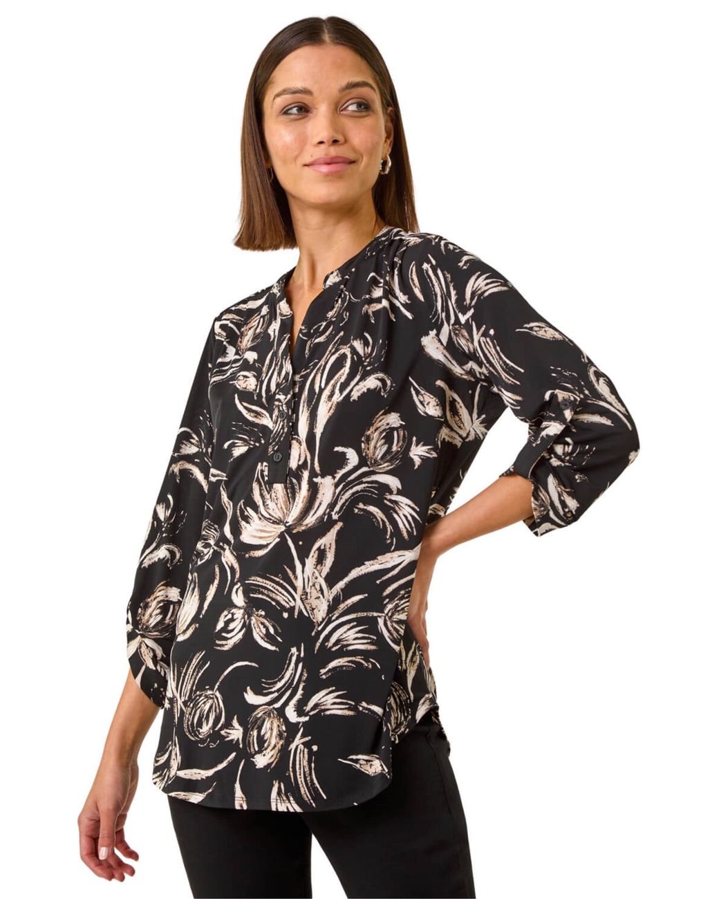 Roman Black Abstract Print Shoulder Pleat Shirt