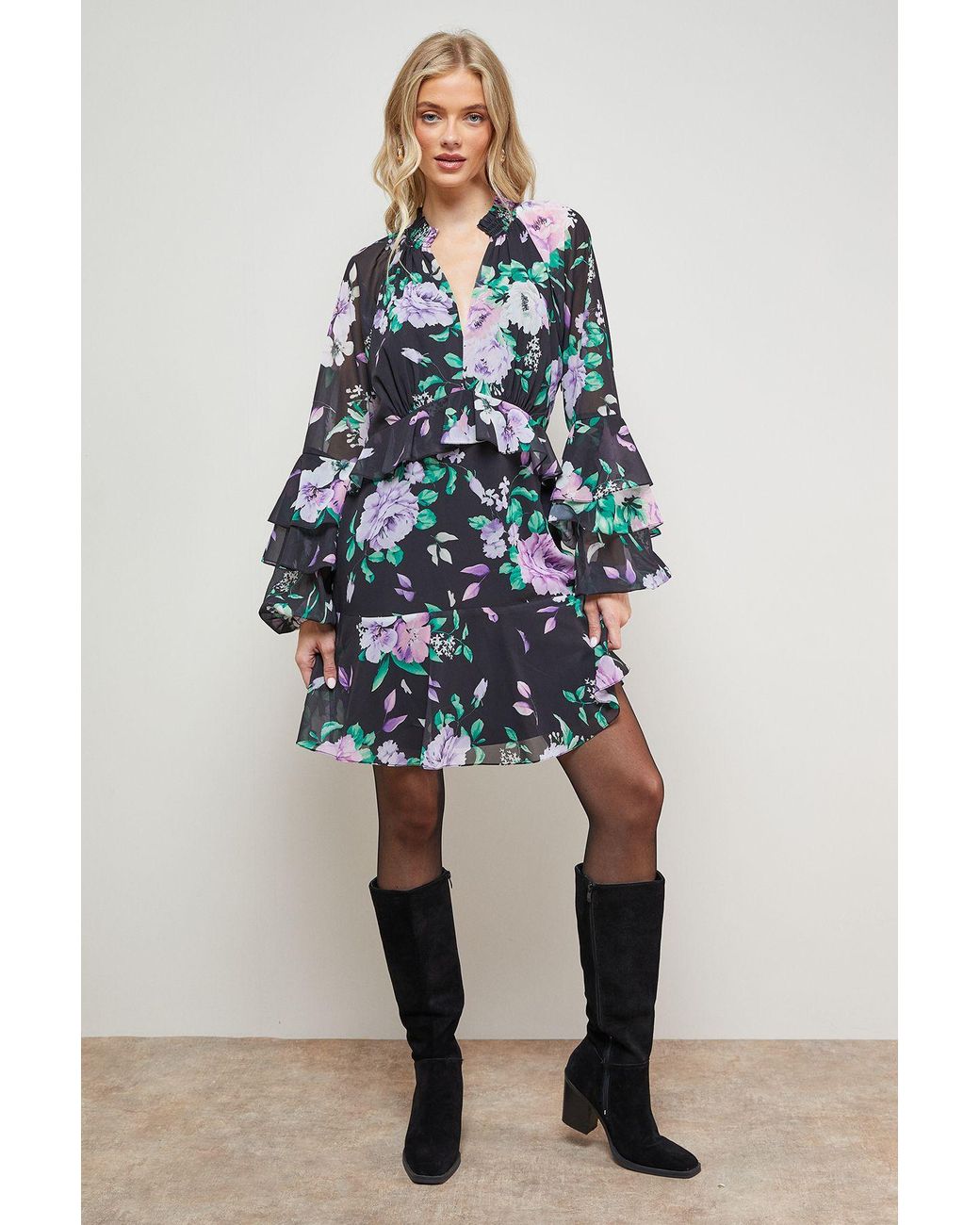 Oasis Blue Printed Fluted Sleeve Ruffle Detail Mini Dress