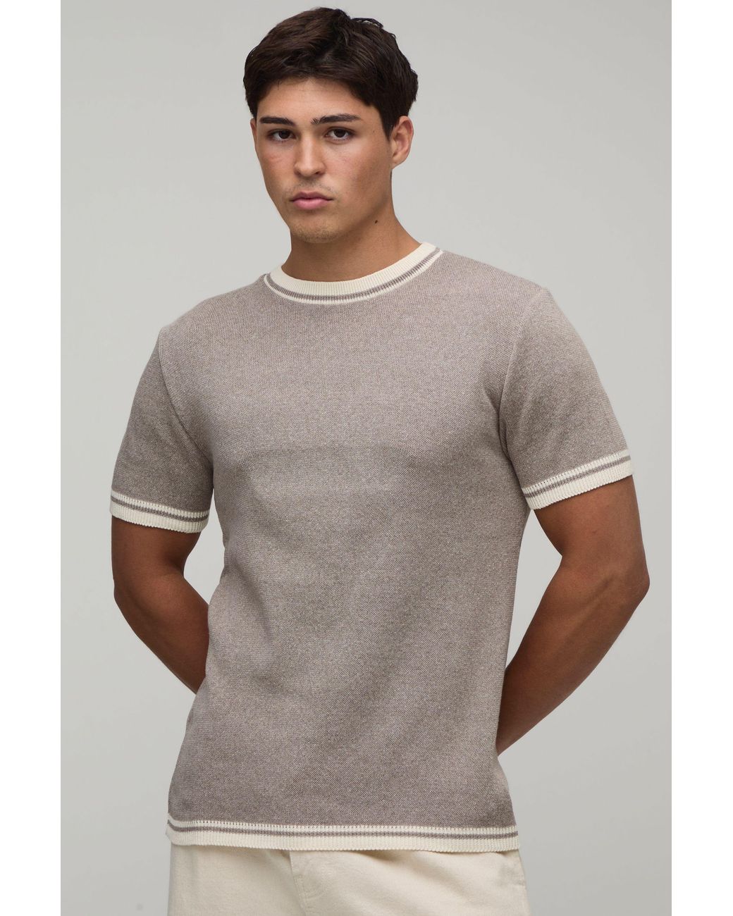 BoohooMAN Gray Muscle Fit Cotton Blend Tipped Knitted T-Shirt for men