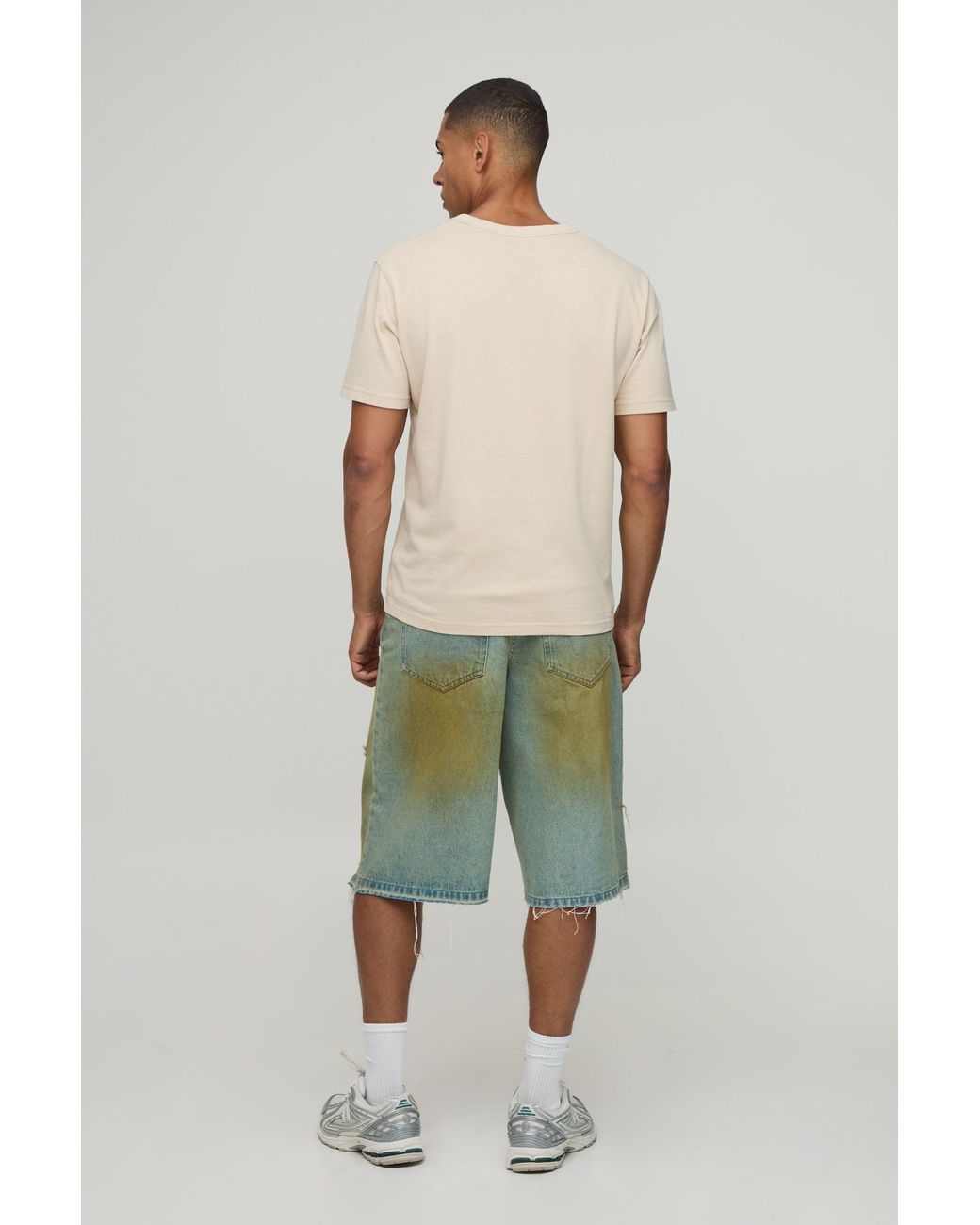 BoohooMAN Green Tinted Raw Hem Longline Jorts for men