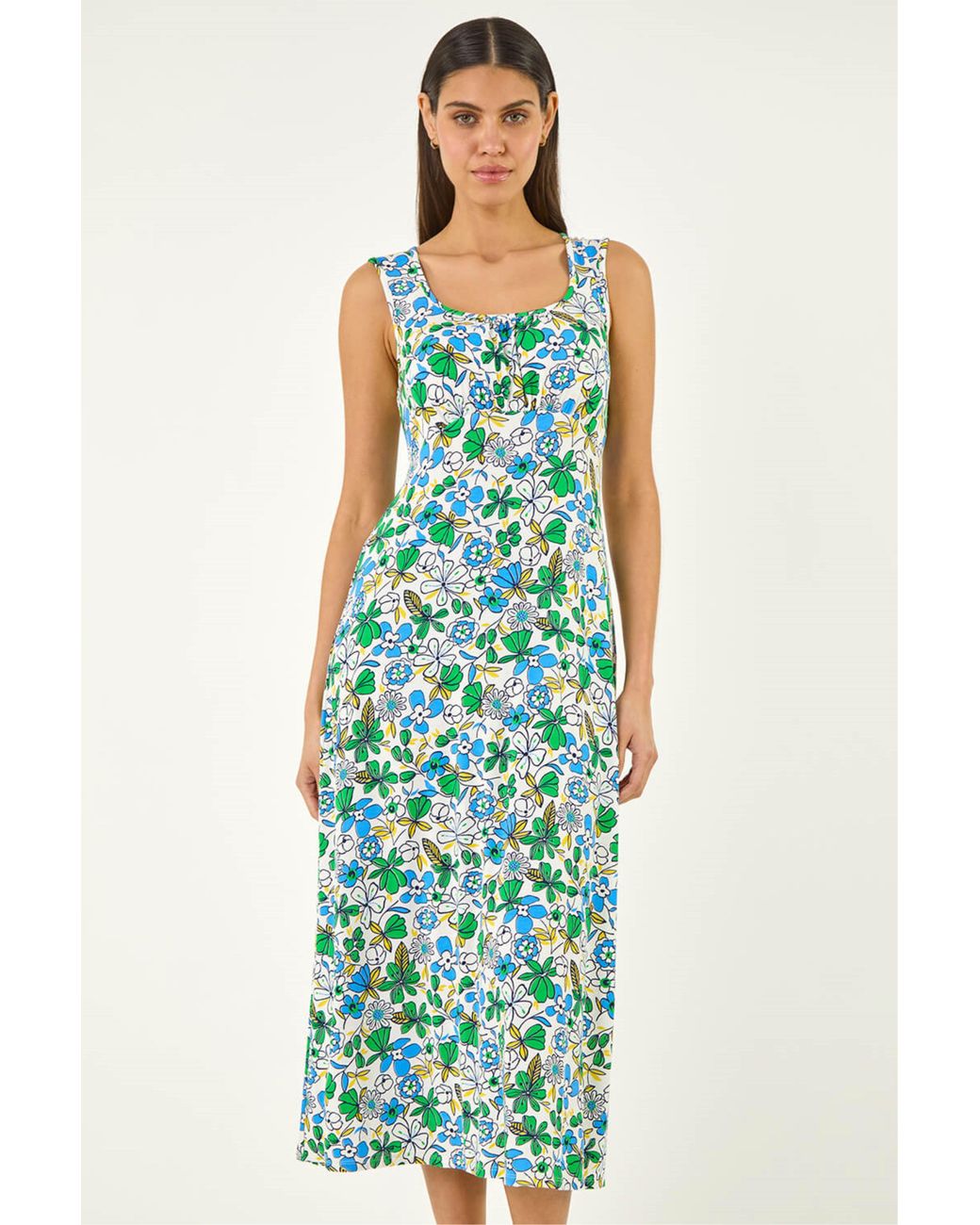 Roman Green Floral Empire Waist Stretch Midi Dress