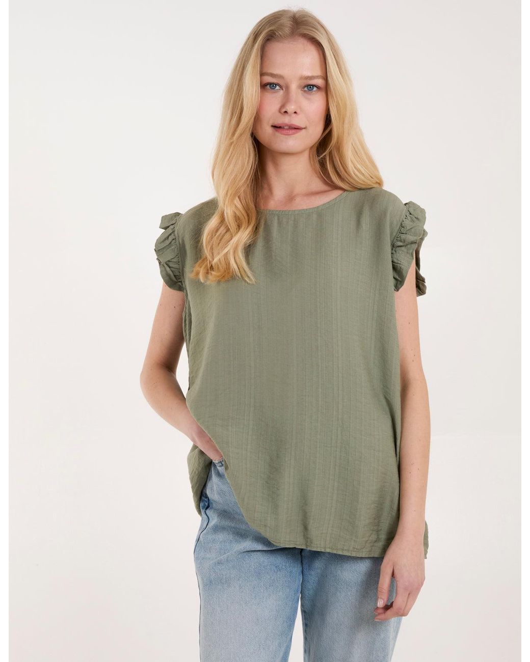 Blue Vanilla Green Button Back Frill Shoulder Top