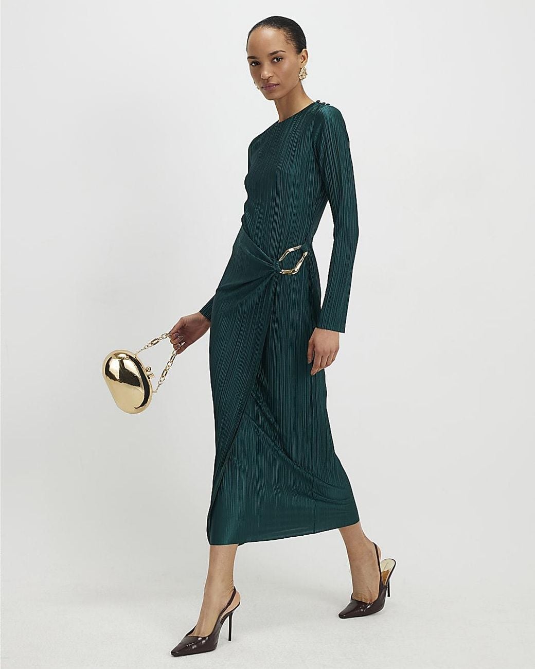 River Island Blue Midi Dress Plisse Buckle Detail