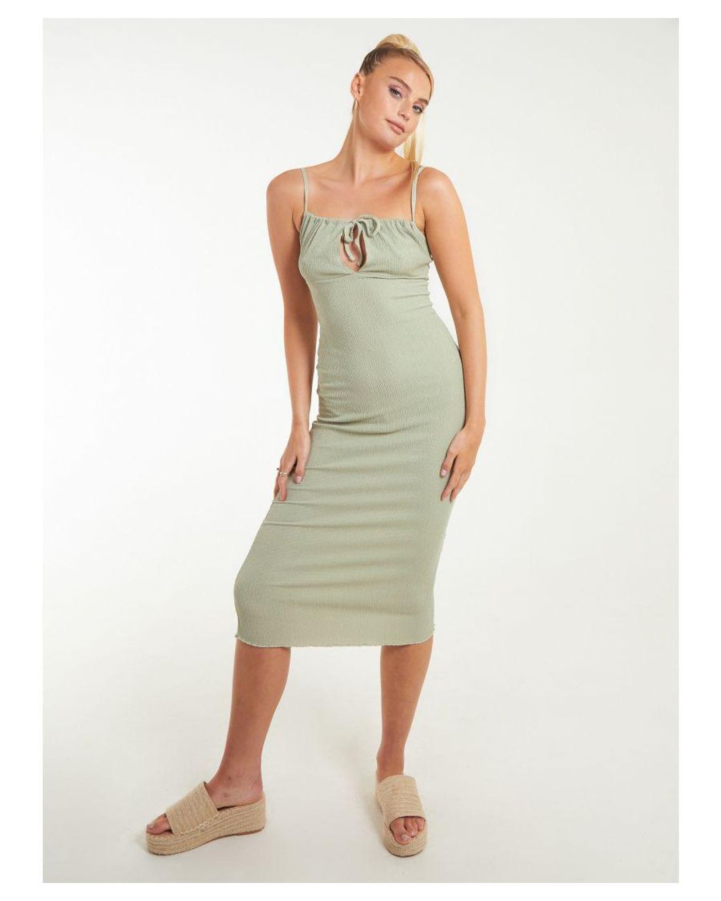 Pink Vanilla Green Crinkle Tie Midi Dress