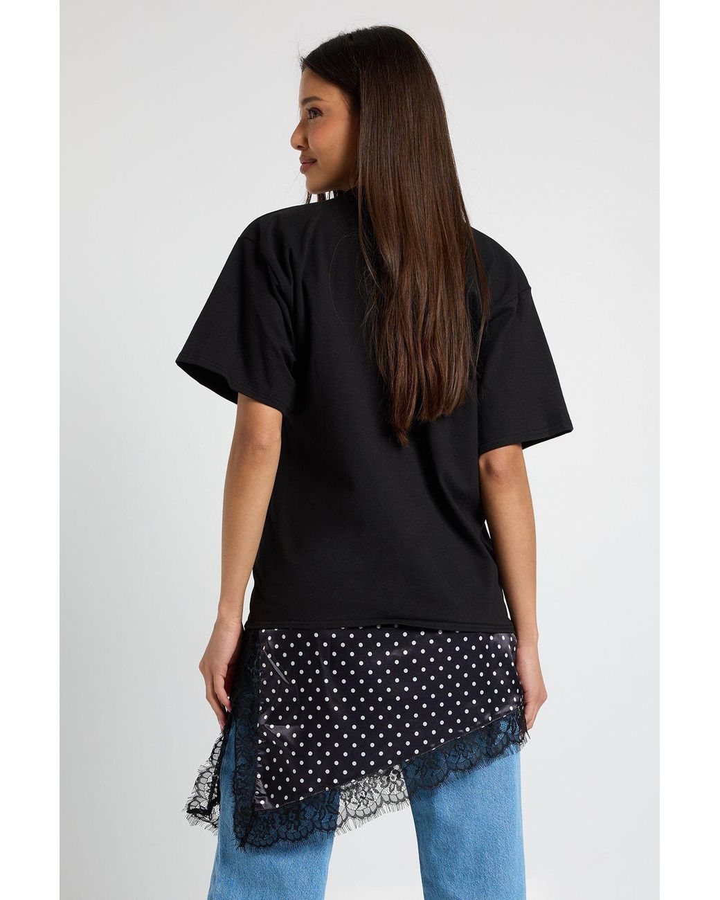 Boohoo Black Polka Dot Lace Satin Asymmetric Hem T-Shirt