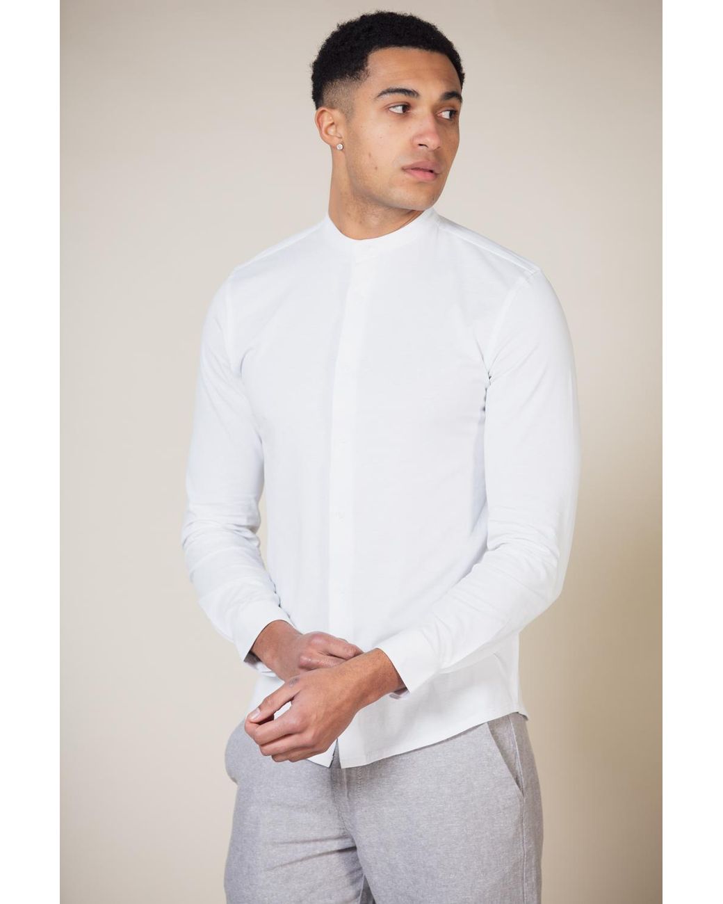 Nines White Cotton Long Sleeve Button-Up Shirt With Grandad Collar for men