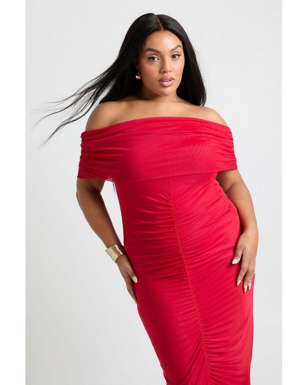 Boohoo Red Plus Mesh Bardot Ruched Maxi Dress