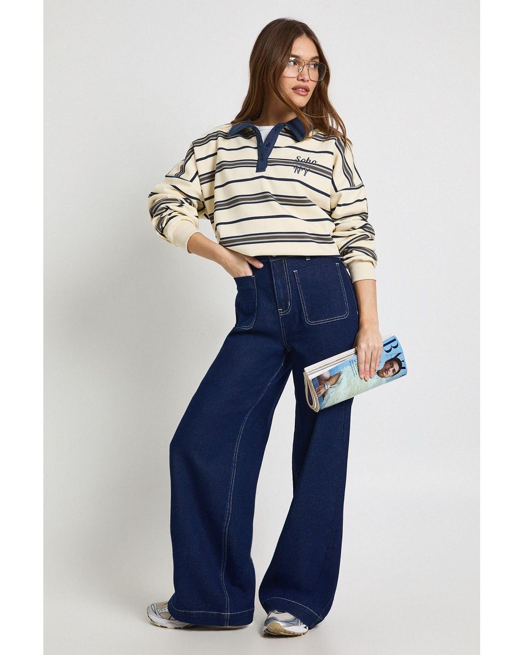 Boohoo Blue High Waist Front Pocket Wide Leg Jean