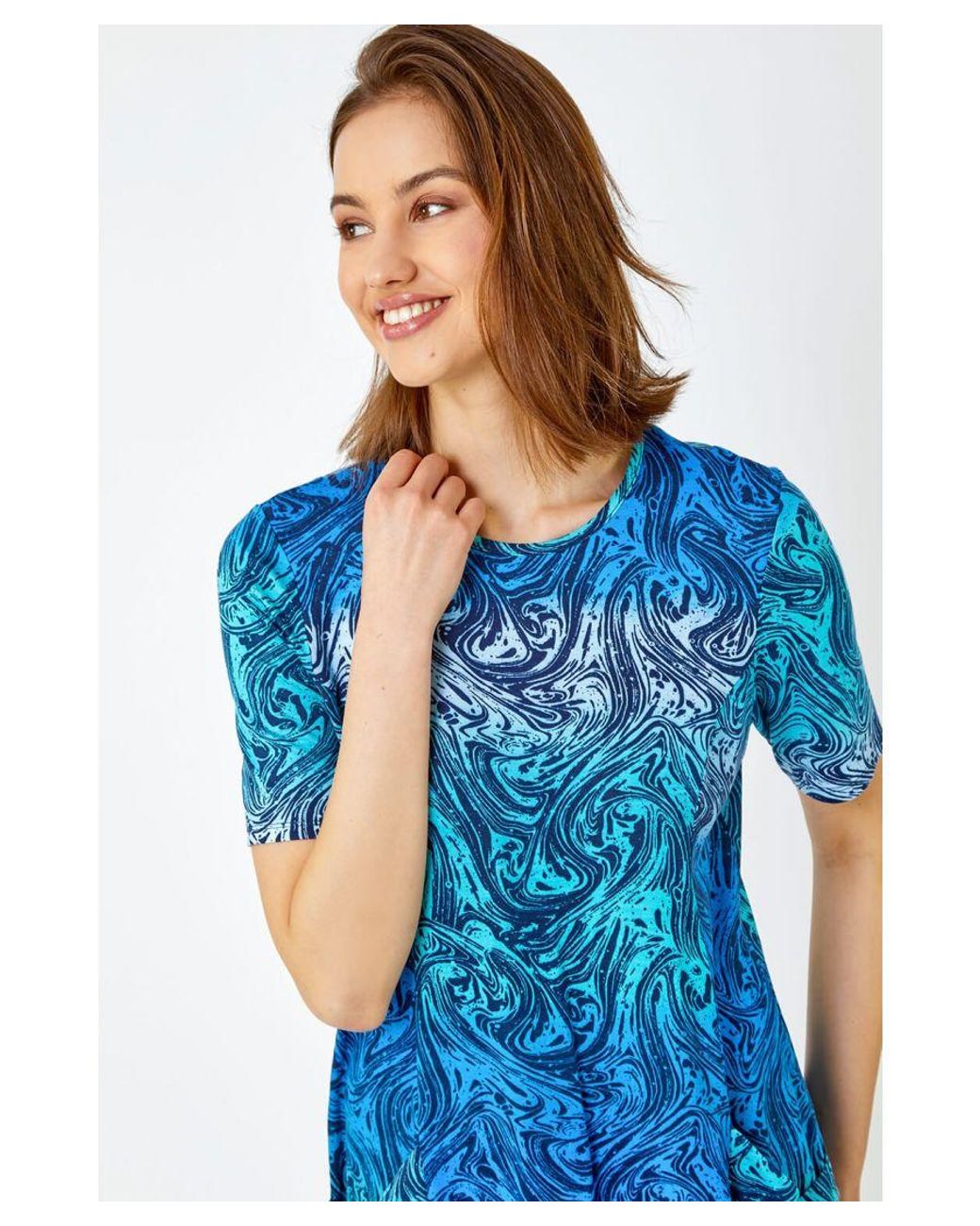 Roman Blue Swirl Print Stretch Pocket Tunic Top
