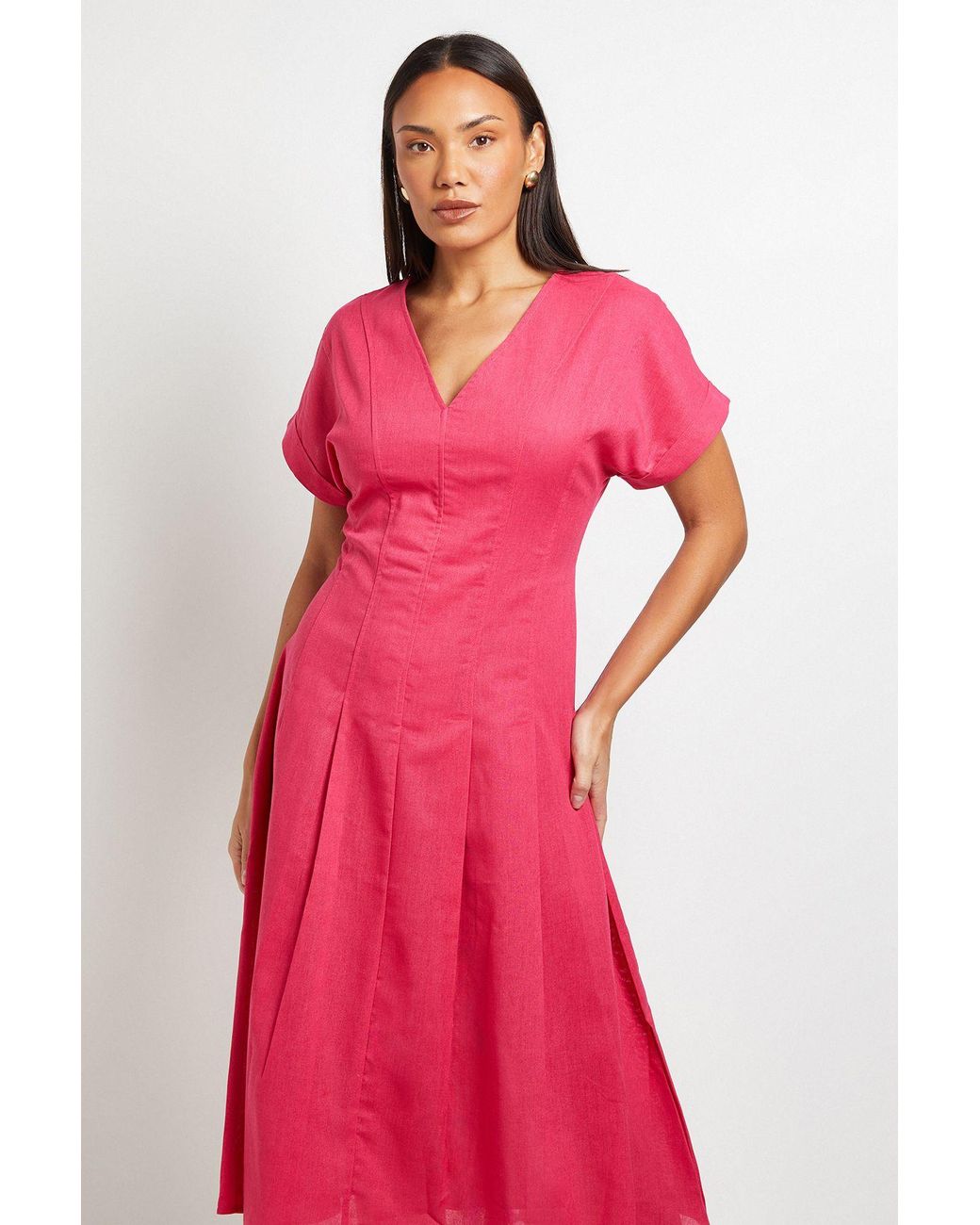 PRINCIPLES Red Pleated Waist Midi Linen Dress