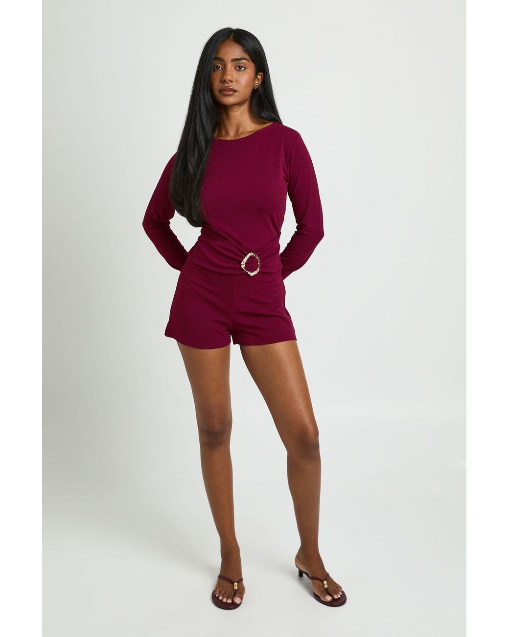 Boohoo Red Slash Neck Trim Waist Detail Playsuit
