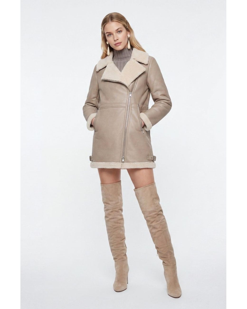 Elle Natural Keira Longline Faux-Shearling Biker Coat