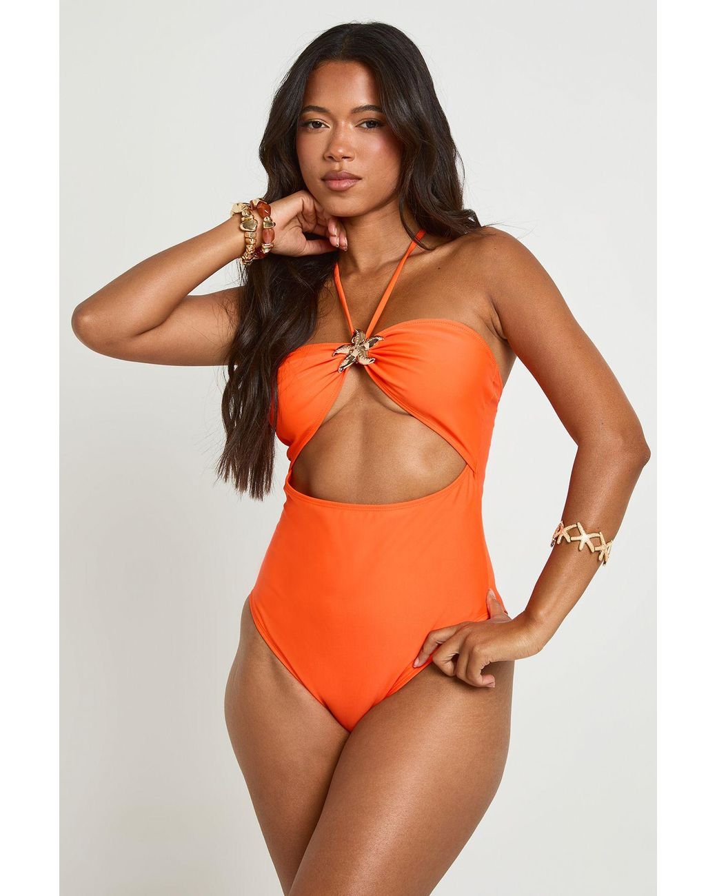 Boohoo Orange Starfish Trim Cut Out Halter Neck Swimsuit