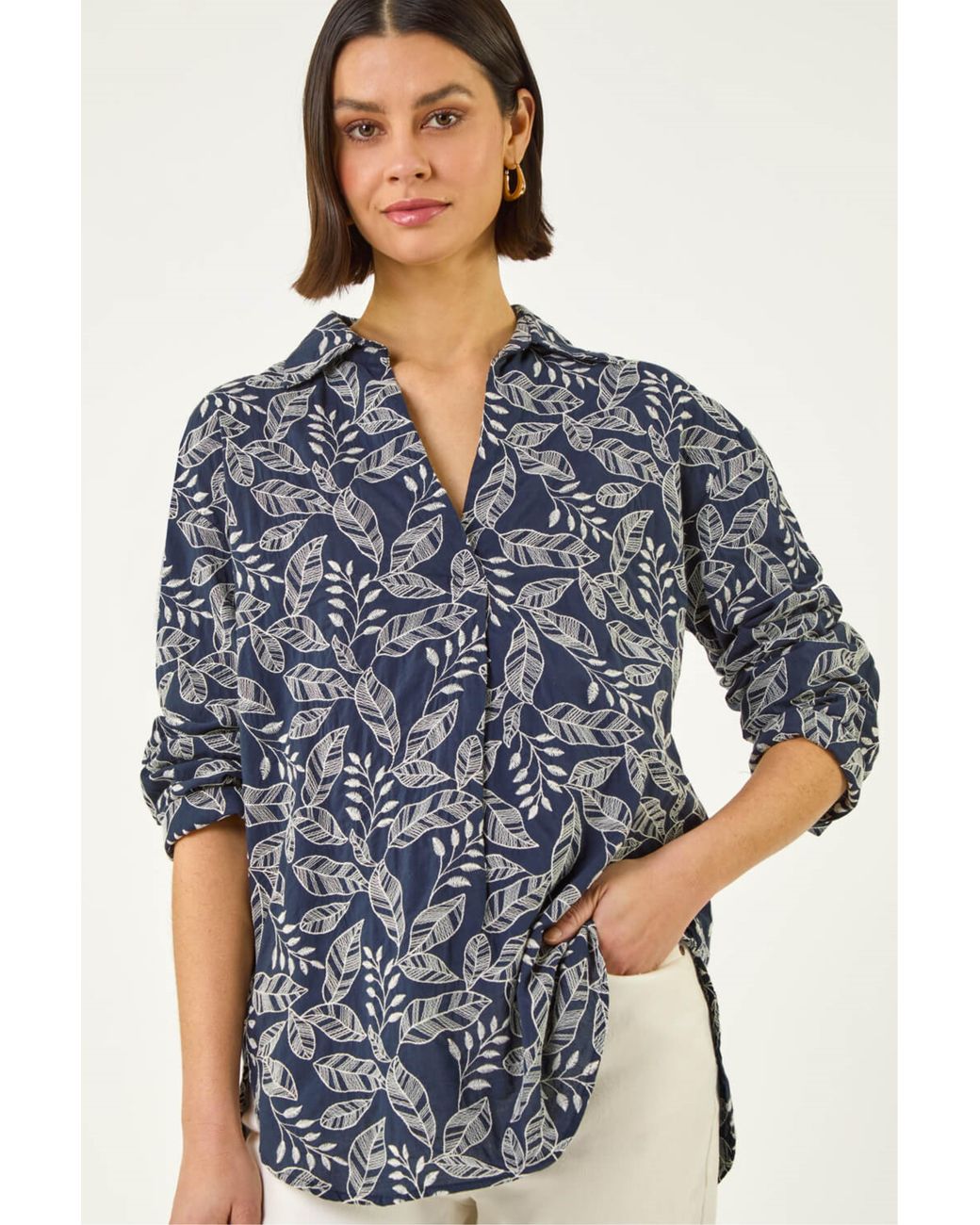 Roman Blue Leaf Embroidered Collared Top