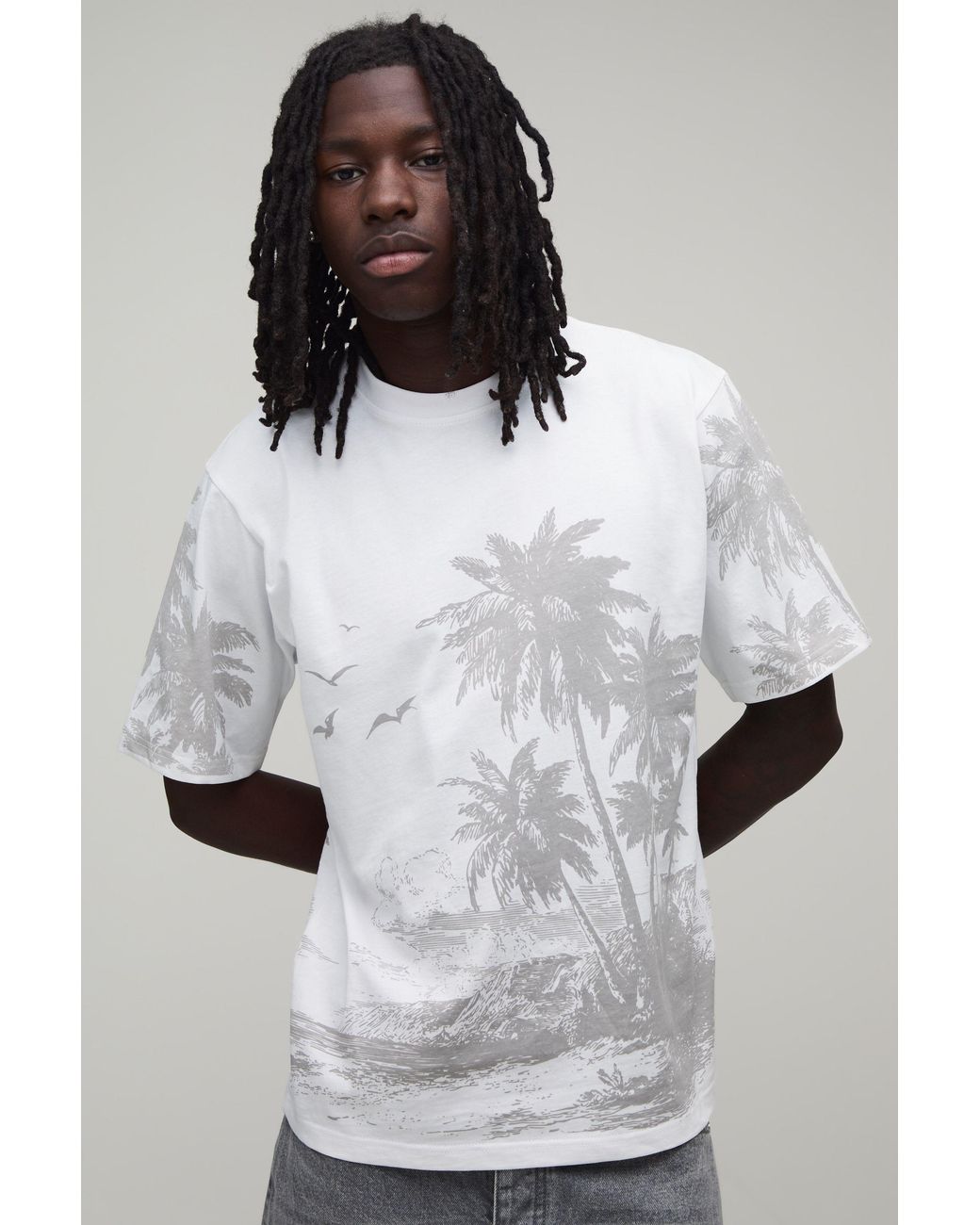 BoohooMAN Gray Regular Palm Print T-Shirt for men