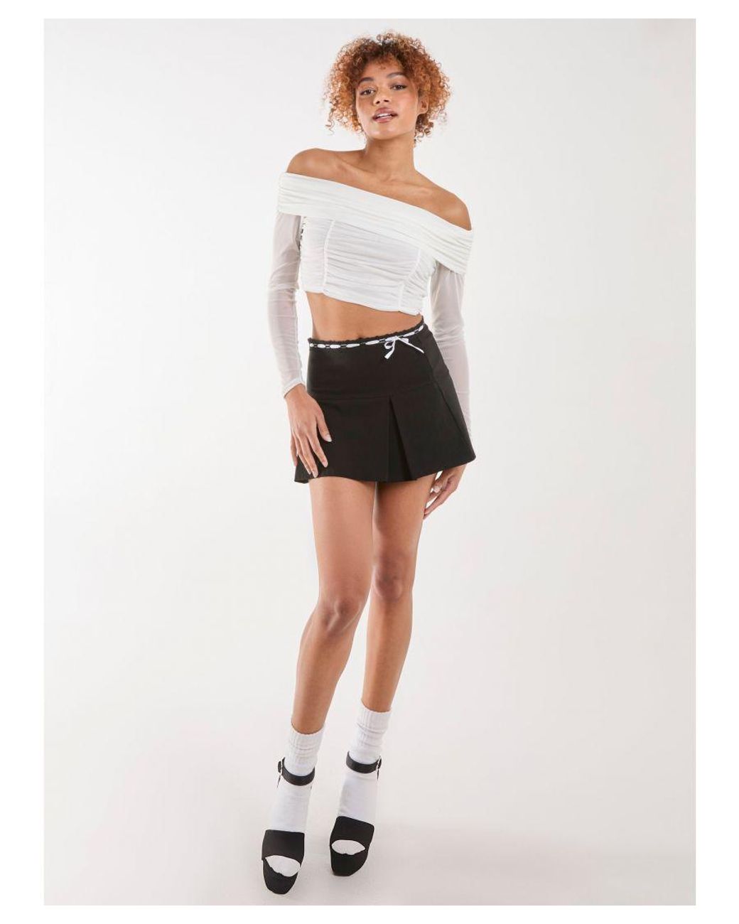 Pink Vanilla White Bardot Mesh Long Sleeve Top