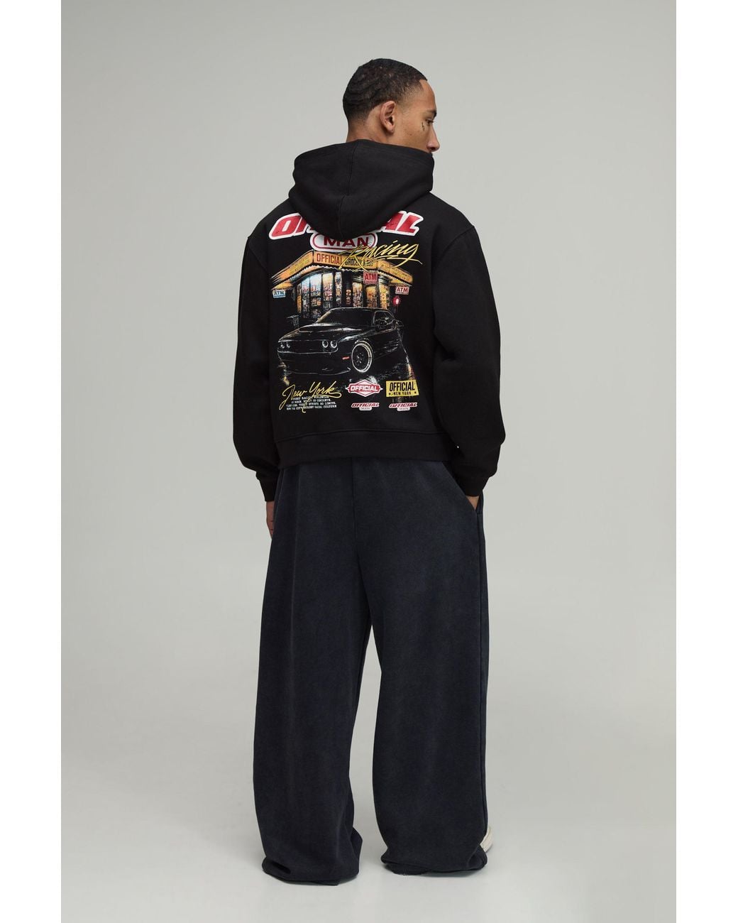 BoohooMAN Black Oversized Boxy Official Moto Graphic Hoodie for men