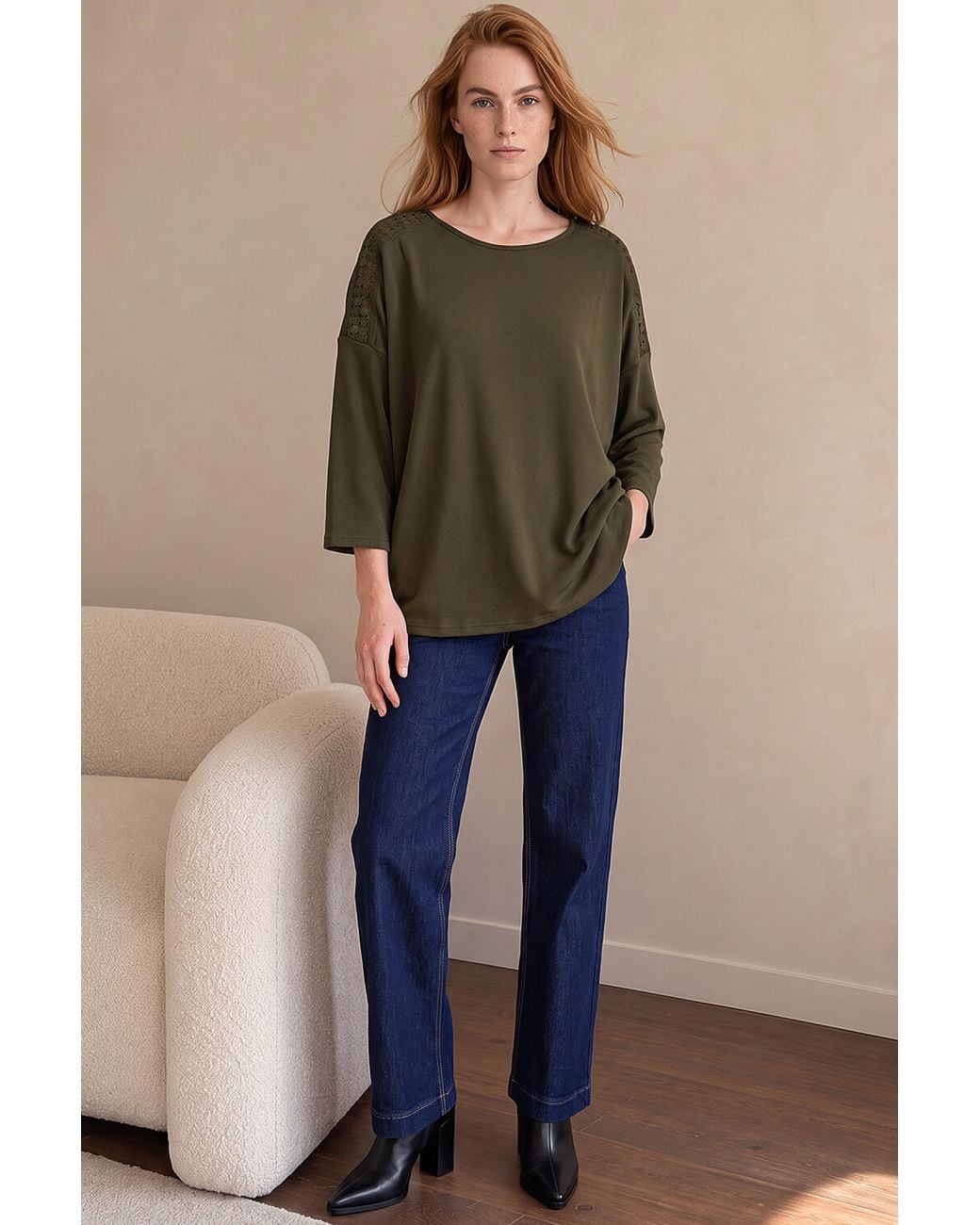 Roman Green Embroidered Shoulder Stretch Top