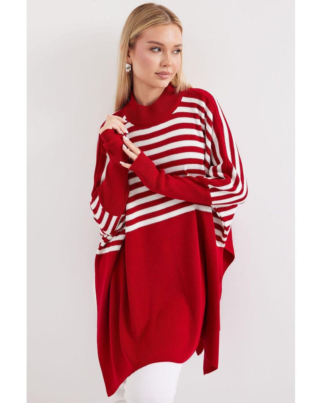Bigdart Red Slit Detailed Half Turtleneck Loose Sweater