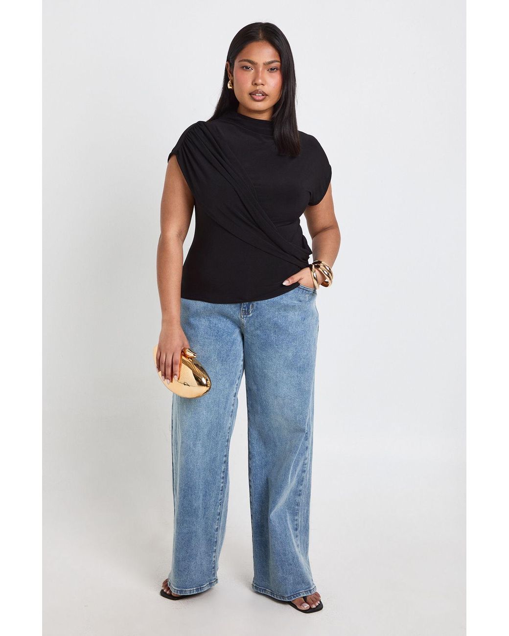 Boohoo Blue Plus Slinky Wrap Detail Short Sleeve Top