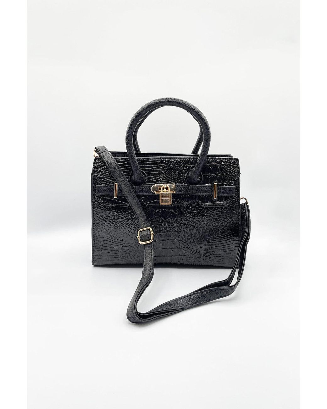 SVNX Black Crocodile-Print Handbag
