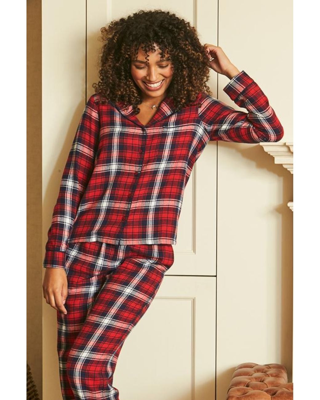 Sosandar Red Check Brushed Cotton Button Front Pyjama Top