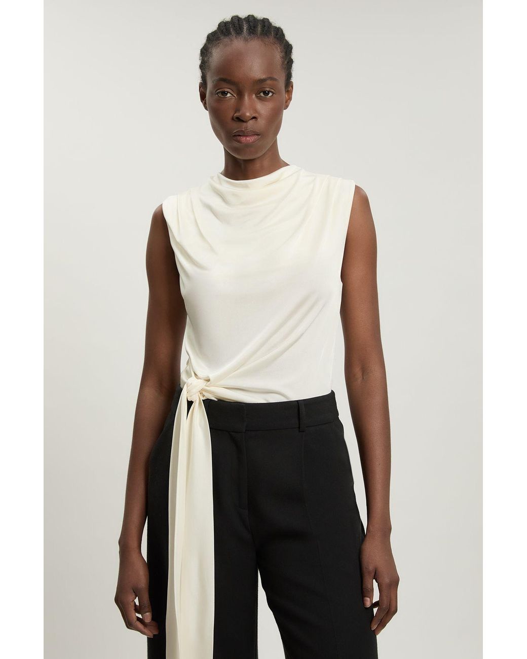 Karen Millen White Asymmetric Drape Viscose Crepe Neck Top With Tie Detail