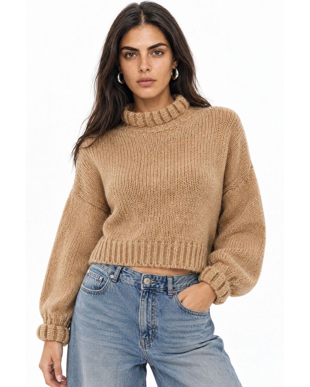 MixRay Blue Thick Turtleneck Textured Crop Sweater