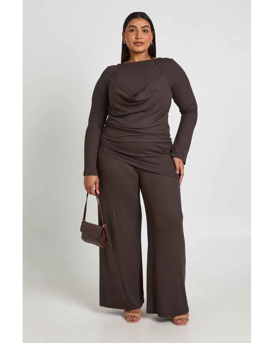 Boohoo Brown Plus Rib Double Layer Long Sleeve Asymmetric Top